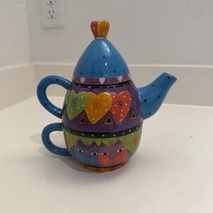 Bella Casa By Ganz Ceramic Stacking Teapot & Mug 3 Piece Colorful Cats Heart Art